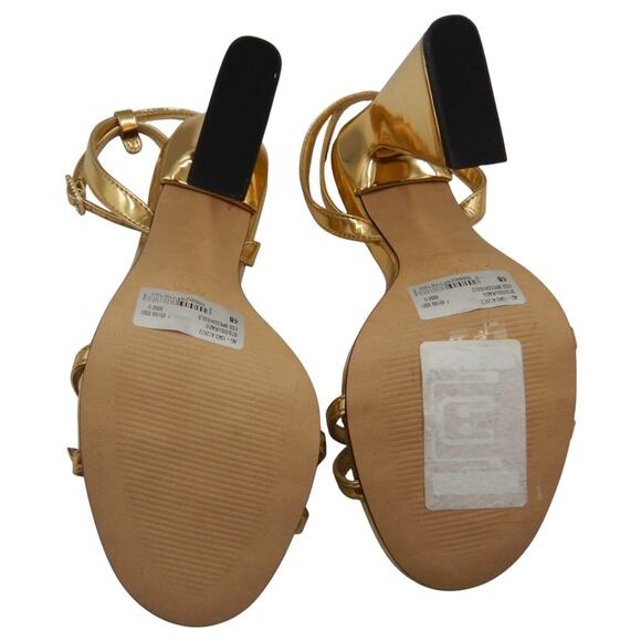 Aqua Crystal Embellished Buckle Strappy Block High Heel Sandals Metallic Gold 6B - Picture 6 of 6